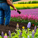 **

A vibrant, colorful field showcasing a diverse mix of cover crops (Zwischenfrüchte) in full bloom. Bees, bumblebees, and butterflies are actively pollinating the flowers. In the background, a farmer is inspecting the soil, holding a handful of rich, dark earth. The scene conveys a sense of health, abundance, and ecological balance.

**