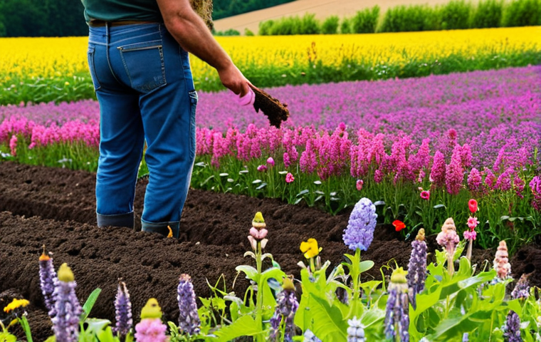 **

A vibrant, colorful field showcasing a diverse mix of cover crops (Zwischenfrüchte) in full bloom. Bees, bumblebees, and butterflies are actively pollinating the flowers. In the background, a farmer is inspecting the soil, holding a handful of rich, dark earth. The scene conveys a sense of health, abundance, and ecological balance.

**