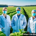 GMO 작물과 윤리적 논쟁 - A modern agricultural research field in Germany showcasing precision plant breeding: scientists in l...