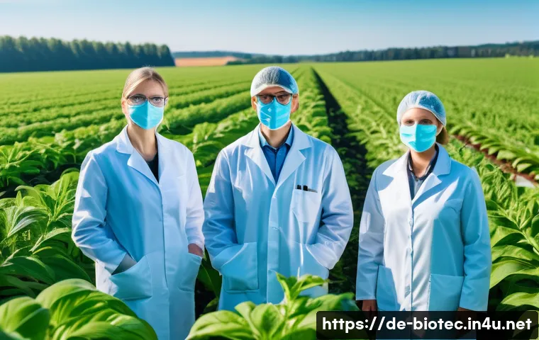GMO 작물과 윤리적 논쟁 - A modern agricultural research field in Germany showcasing precision plant breeding: scientists in l...