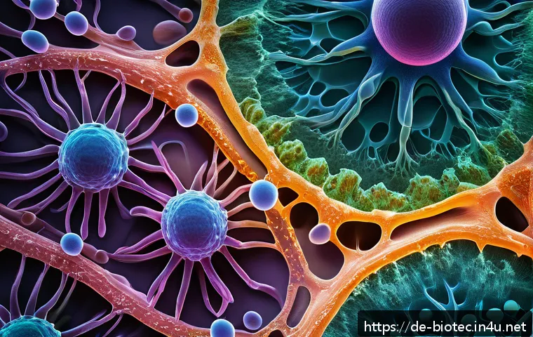 줄기세포 분화 메커니즘 - A highly detailed scientific illustration of stem cells interacting with their microenvironment, sho...