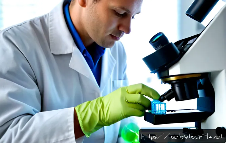 미세유체 기술 활용 - Photorealistic close-up of a German biomedical laboratory technician wearing a clean white lab coat ...